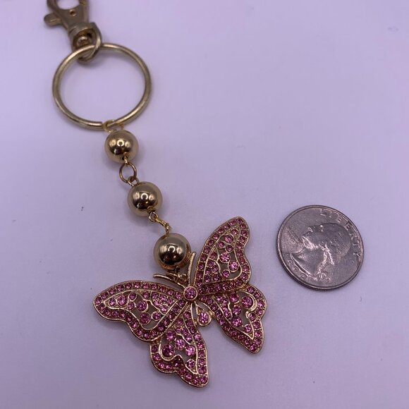 🐱 5 for $10l. Goldtone Pink Butterfly Key Ring with Gold Beads - Picture 1 of 3